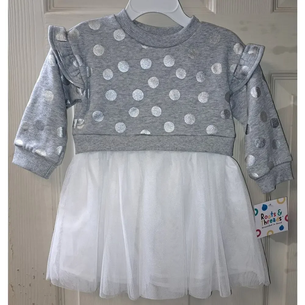 Roots & Threads Toddler Girls Sweatshirt Dress 18M Gray Silver Polka Dot Tulle